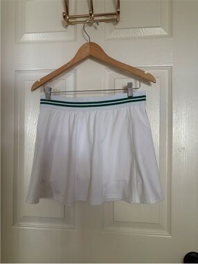 White Women's Tennis Skirt Skort with Green Stripe Waistband